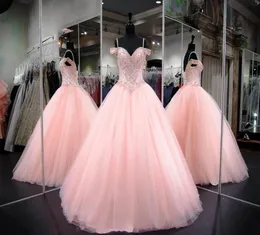 Sweety Pink Spaghetti Straps 얇은징 Quinceanera 드레스 Badeed Rhinestones Top Ball Gowns Prom Party Princess Dresses2379967