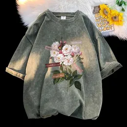 Men's T-Shirts Vintage Flowers Graphic Print T-shirt Gothic Men Tshirts Washed Short Sled Man Tops Round Neck General Tee J240429