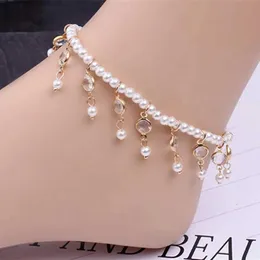 Charm Bracelets Vintage Sweet Simulated Pearl Beaded Anklet Crystal Rhinestone Stretch Foot Anklets Fashion Jewelry Foot Chain Leg Bracelet Gift