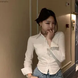 여성용 블라우스 셔츠 여자 접이식 슬림 피트 커팅 탑 일일 디자인 흰색 순수한 한국 패션 레저 사무소 여성 전체 일치 유연한 Springl2405