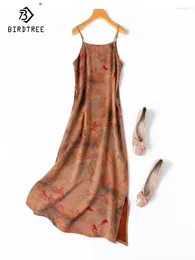 Casual Dresses Birdtree 28mm Real Silk Xiangyunsha Women Spaghetti Strap Printed Retro Party ol Slim Dress 2024 Summer D44781QC