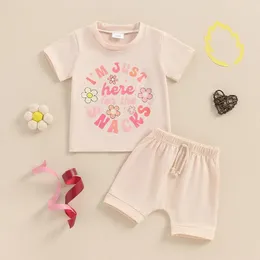 Roupas conjuntos de roupas infantil menina menina de verão letra curta letra de camiseta impressão pulôver elástico rastreio de roupa sólida roupas de roupa 2pcs Conjunto