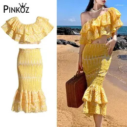 Work Dresses Pinkoz Runway Designer Women Two Pieces Set High Quality Embroidery Hollow Out Lace Ruffles Short Tops Midi Slimy Kirts Suits