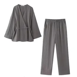 Traf Pajama Style Bants устанавливает женские 2 штуки модные кимоно Top женский костюм с двумя частями наряд 240430