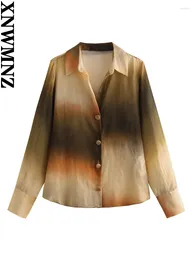 البلوزات النسائية Xnwmnz Fashion 2024 Tie Daled Ramie Shirt Women Vintage Long Sleeve Long Casual Prodatoile Top Top Blouse