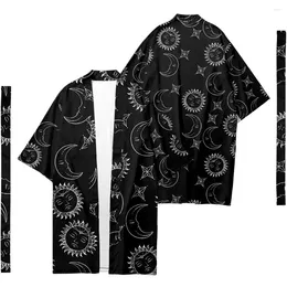 Ethnic Clothing Men's Japanese Long Kimono Cardigan Samurai Costume Sun Moon Pattern Shirt Yukata Outer Cover