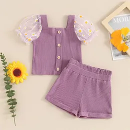 Clothing Sets 1-5Y Kids Girls Summer Outfits Daisy Print Mesh Short Sleeve Square Neck T Shirt Tops Wide Leg Shorts Cute Baby Clothes Set