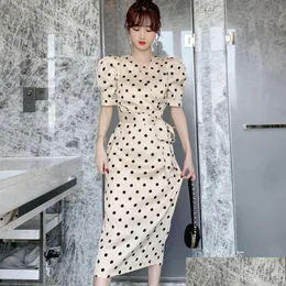 Basic & Casual Dresses Summer Vintage Elegant Midi Dress Women Satin Polka Dot Puff Sleeve Belt Package Hip Slit Robe Office Party St Dhm9I