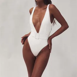 Frauen Badebekleidung Damen sexy ein Badeanzug hoch geschnittener Strickquadrathals gebundener Riemchen Badeanzug mit Gürtel