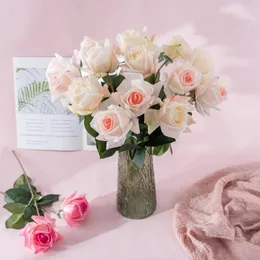 Decorative Flowers Artificial Flower Real Touch Cloth Roses Branches Home Living Room Decoration Simulation Pink White Rose False Plant