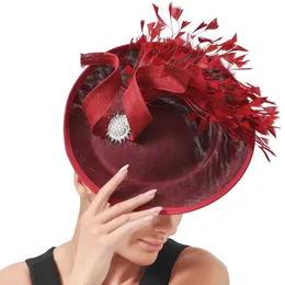 قبعات واسعة الحافة دلو القبعات المقلدة sinamay women womenator hat with feather feather fedora cap cap women wedding party headpiece hairpin flower y240426