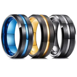 Bandringar Fashionabla Mens 8mm Black Tungsten Wedding Ring Blue Gold Groove Beveled Edge Rostfritt Steel Engagement Q240429