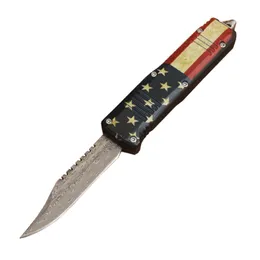 Damaskus liten storlek Auto Tactical Kniv Hell Blade Zn-Al Alloy Handle EDC Pocket Knife Outdoor Camping Vandring Överlevnad Knivar med nylonpåse