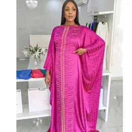 Casual Dresses African Women's Diamond Nailed Beads Chiffon Satin Round Neck Long Dress Loose Large Gown Bat Sleeve With Headband