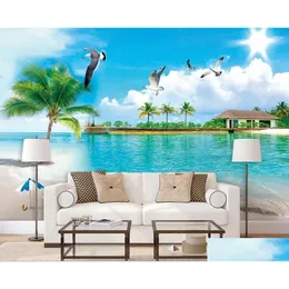 Bakgrundsbilder 3D PO Anpassad väggmålning Romantisk Seascape Coconut Tree Seagl Scenery Bedroom Home Decoration Wallpaper For Walls Drop Delivery G DHLFA