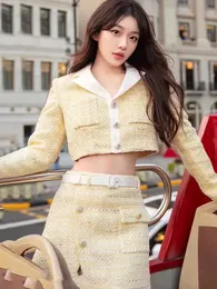 Yellow Tweed Elegant Suit Skirt Sets 2 Piece for Women Short Jacket And Mini Skirt Sweet Outfits For Dating Wear French Suit 240425