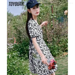 Party Dresses Toyouth Women Dress 2024 Summer Short Sleeves Square Neck A-shaped Slim Waist Black Flowers Fashion Chic Holiday Skirt