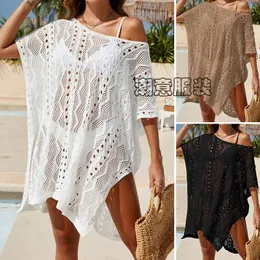 Beach Dress Women 2024 Summer Sundress Sexy Hollow Texture Loose Pullover Bikini Sunblock Solid Polyester Tunic Outings Cover Up