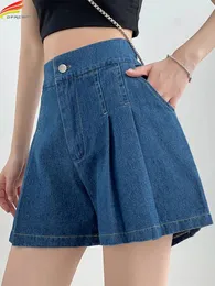 DFRCAEG 2023 Summer Plus Size Denim Shorts For Women High Elastic Waist Blue Or Sky Pleated Mini Large Short Femme 240422