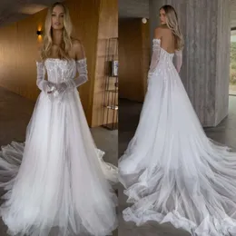 Bone Wedding Boho Dresses Line Bodice A Illusion Strapless Dress Sweep Train Appliques Tulle Designer Wedding Bridal Gowns ppliques