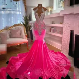Hot Pink Veet Prom Dresses For Black Girls 2024 Sheer Neck Crystalsexy Backless Plus Size Birthday Party Gowns Robe De Bal 0431