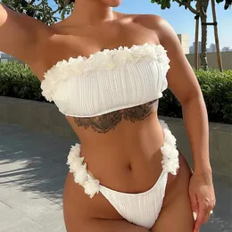 Kvinnors badkläder Kvinnor Stropplös Sexig bikini Tvåbit Swimsuit Summer Flower Ruffles Micro Bikinis Set mode Solid Tankinis Kvinna