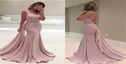2019 New Fashion Pink Backless Prom Dresses Long Vestidos de Festa Chiffon Pärled Ruched One Shoulder Mermaid aftonklänningar8627782