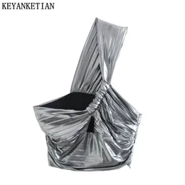 Keyanketian Summer Metal Texture Asymmetric Sloping Shoulder Y2K Crop Top Ladies Corset Sling Crop Top 240429