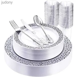 Jednorazowe plastikowe zastawa stołowa 150pc srebrne plastikowe płyty jednorazowe srebrne produkty i plastikowe srebrne kubki srebrne plastikowe wx