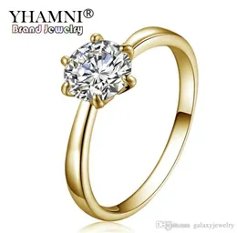 YHAMNI Original Pure Gold Color Ring Solitaire 6mm 1 Ct CZ Zircon Wedding Rings for Women Full Ring Size 5 6 7 8 9 10 11 YR0029826906