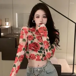Women's T Shirts Shpmishal Korean Fashion 2024 Spring Retro Tee Fragmentered Flower Cersatile Slim Midje Fit Long Sleeved T-shirt