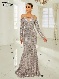 Casual Dresses Yesexy Elegant Party For Women 2024 Off Shoulder Long Sleeve Sequin Mermaid Evening Prom Floor Length Dress