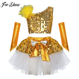 Kläder sätter barn flickor dans prestanda outfit glittery paljetter ärmlös skörd topp med bowknot tutu kjol metalliska glänsande handskar