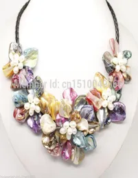gtgtgtStunning Multicolor Freshwater Pearl Sea Shell Flower Leather Necklace 18quot8346543