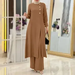 Kvinnors tvåbitar byxor muslimska abaya passar eleganta kvinnor matchande uppsättningar mode långa skjorta toppar bred ben 2024 ramadan kläder