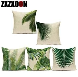 Algodão de algodão de almofada de almofada Algodão Decorativo travesseiros monstera folha de palmeira cobertura de almofada de planta verde tropical para sofá Liv4945505