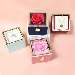 Вращение розовые украшения подарочная коробка День Святого Валентина Брак Акриловые кольцевые коробки Хранение ожерелья