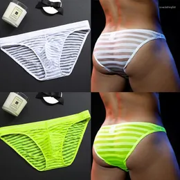 Underpants Men Ultra-Thin Panties Low-Waist Mesh Transparent Bulge Pouch Brief Striped Breathable Summer Ice Silk Underwear