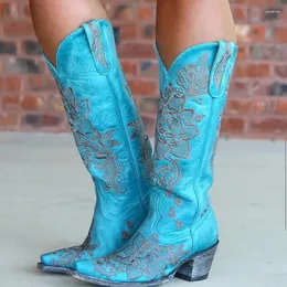 Stövlar Etniska Bohemian Emboider Cowboy Western Booties Point Toe Wide Calves Chunky Heels Plus Size 44 Women Winter Knee High