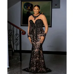 2021 Black Lace Evening Dresses Women Plus Size Long Sleeves Mermaid Aso Ebi Prom Dress Appliques Custom Made South Africa Gown 0431