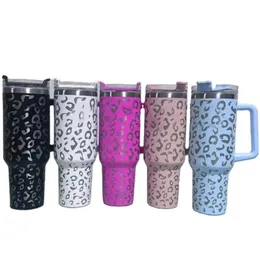 Leopard Print 40oz Quencher tumblers stainless steel handle lid straw big capacity beer mug water bottle powder outdoor camping cups cheetah tumblers US STOCK