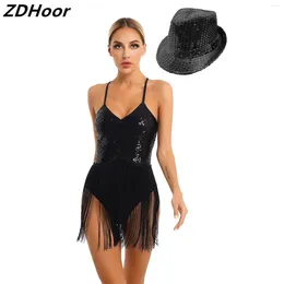 Bühnenbekleidung Frauen Glitzer Pailletten Latin Cha-cha Dance Lotard Set Set Fransen Bodyuit v Hals Verstellbare Gurte Quaste Quasten mit Hut