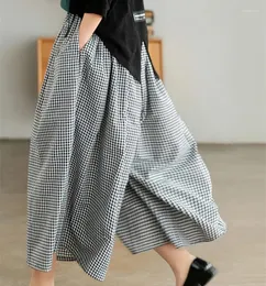 Frauenhose 2024 Frühlings-/Sommer großer Baumwollplaid -Weitbeinhosen Lose und komfortable, lässige koreanische Mode