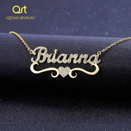Qitian Personalisierter Name Halskette mit Herz für Frauen Custom Gold Edelstahl Blingbling Anhänger Custom Iced Out Halsketten 240418