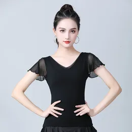 Stage Wear Women Latin Dance Top Top Feminino Adulto Criança Curta Moda Black National Standard Modern Practice Shirt