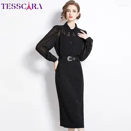 Lässige Kleider Tesscara Frauen Herbst Elegante Bleistiftkleideranzug Set hochwertige lange Cocktailparty Vintage Designer Büro Schwarz Vestidos