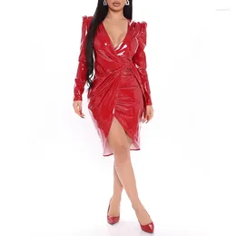 Casual Dresses Womens Fashion V-Neck Plunge Tied Sexy Long Sleeve PVC Shiny Dress Elegant Party Wrap Hem Knee-Length High Street