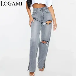 Jeans femininos Logami HuSa Hole Lavado Mulheres Louvadas de Algodão Longo Abertura de Calças Casuais Denim Casual Calças de jeans reta