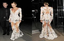 Sexy Michael Costello Celebrity Evening Dresses Deep V Neck Long Sleeves Appliques Tulle See Through Illusion Nude White Prom Dres6901595