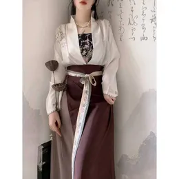 Etnisk kläder kinesisk klänning Tradicional Hanfu Womens Clothing Cardigan Two Piece Suspender kjol mångsidig vår sommar tre bit set